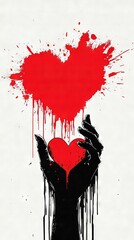   A heart held by hand, with blood streaming down and a splashed red centerpiece