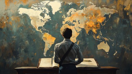 A businessman planning expansion with a world map in the background