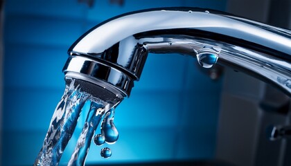 Macro view of a water faucet with flowing water; close up view of water coming out of the faucet; water dripping out of a faucet; water leaking out of a water faucet; plumber and plumbing; household