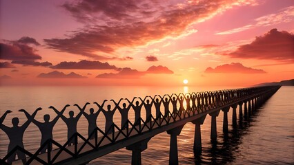 Obraz premium Silhouetted Figures Celebrate on Pier at Sunset Over Calm Ocean