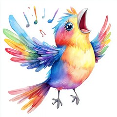 Obraz premium Joyful Rainbow Bird Singing with Musical Notes Watercolor Illustration