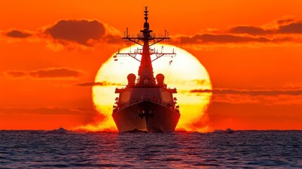 Large Warship Silhouette at Sunset Over Dark Ocean