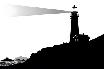 Black and White Lighthouse with Beam of Light Over Ocean Landscape