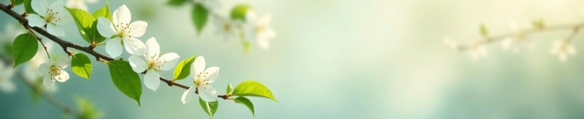 Elegant white cherry blossoms and green leaves on artistic spring frame, background, botanical