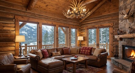 Fototapeta premium Cozy Log Cabin Interior with Fireplace and Mountain View