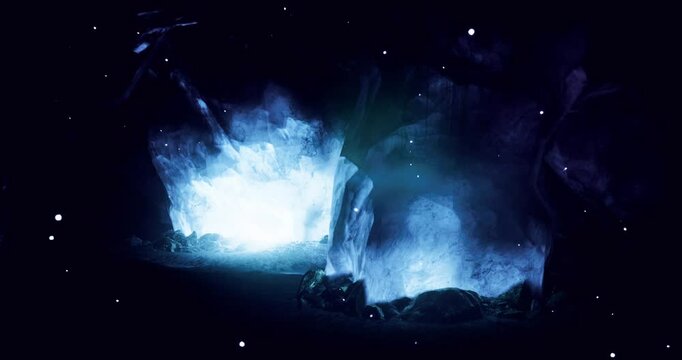 A mesmerizing display of luminous crystals emerges from the rugged terrain of an underground cave. The eerie glow contrasts with the deep darkness of the enclosed space.