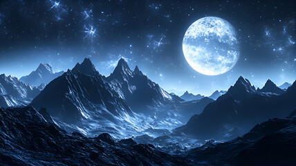 Cinematic Moonlit Mountain Range with Peaks Illuminated by Soft Glow