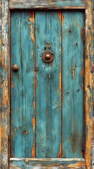 Fototapeta premium Close-up of a blue door with rusted metal knobs and wooden frame featuring rusted metal handle