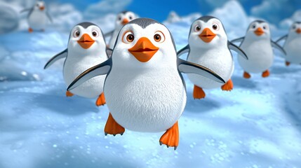 Fototapeta premium Playful Cartoon Penguins Waddling Across Snowy Landscape