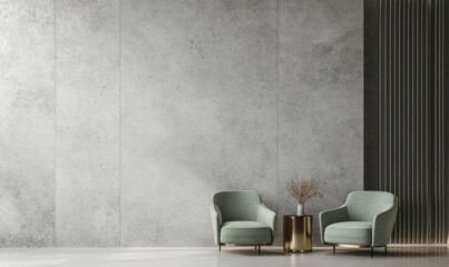 Modern concrete interior, two sage green armchairs, minimalist,  sunlit