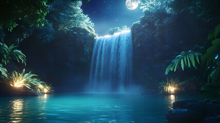 Obraz premium Cinematic Moonlit Waterfall Cascading into a Serene Pool