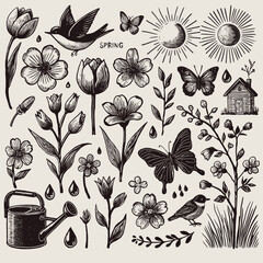 Spring set. A set of flowers and birds. The arrival of spring, spring garden. 