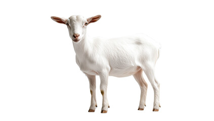 Fototapeta premium Isolated White Goat Standing on Transparent Background, Farm Animal Portrait with Clean Cutout for Design Projects