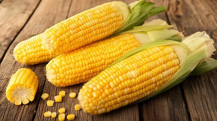Freshly picked yellow corn cobs on a wooden table setting