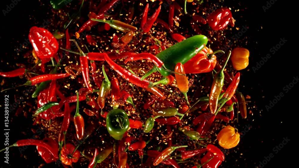 Poster super slow motion of flying and rotating chilli peppers with dry chilli powder. black background. fi