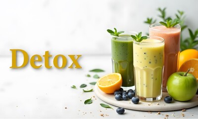 Fototapeta premium Vibrant Healthy Detox Smoothies in Elegant Glasses with Fresh Fruits on Marble Surface