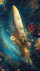 Ornate rocket ascends through a cosmic floral nebula.