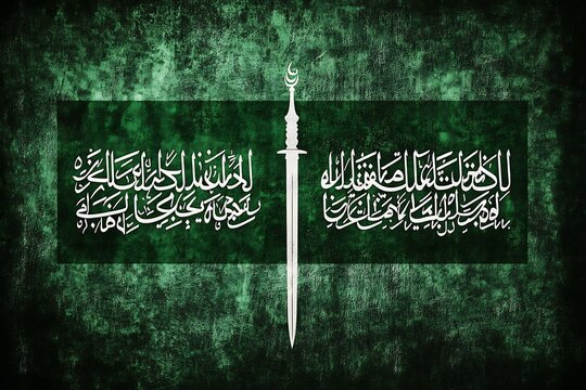 Flag of saudi arabia with sword and shahada in white over a textured green background design element