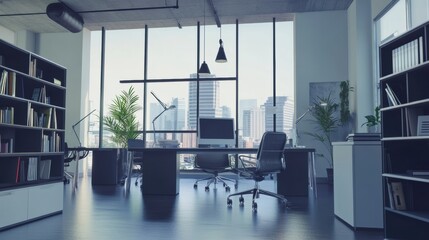 A futuristic office with AI-powered business tools in use