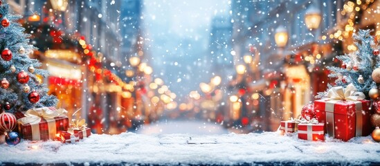 Festive Christmas street scene with gifts, tree, and twinkling lights snowfall