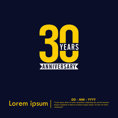 30th years anniversary celebration emblem. anniversary logo isolated with white ribbon on dark blue background. vector illustration template design for web, flyers, poster, greeting card	
