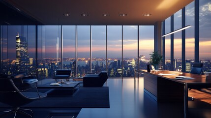 A luxury corporate penthouse office with a panoramic city view