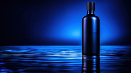   A blue bottle floating in a serene lake with a tranquil blue backdrop and a mirror-like reflection on the water's surface