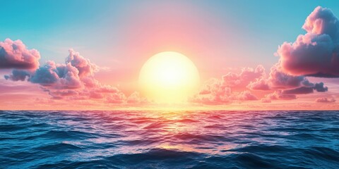 Ocean theme beach exploration.  Serene Sunset Over a Calm Ocean with Colorful Cloud Reflections