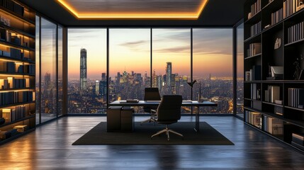 A luxury corporate penthouse office with a panoramic city view