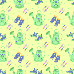 Seamless gardening pattern with watering can, boots, and gloves – cute spring vector for decor and prints