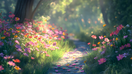 Fototapeta premium Close-up of Vibrant Wildflowers Growing Along a Meadow Path