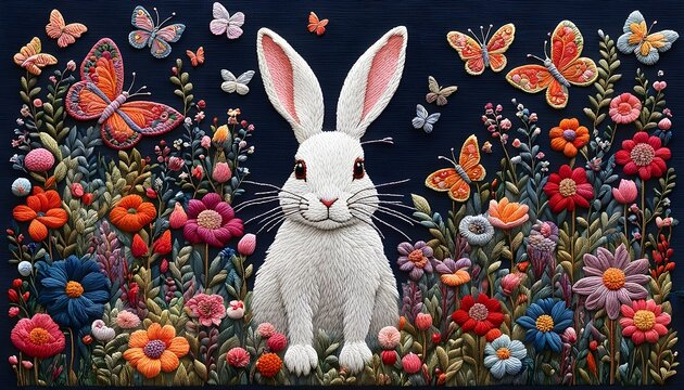 Embroidery Art Rabbit Flower Butterfly Handmade Hobby