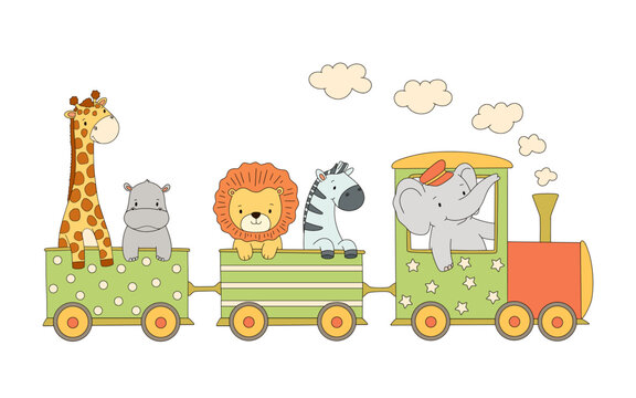 Cute train with african animals on white background. Zebra, elephant and lion, cartoon vector illustration for kids