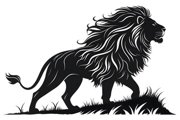 Fototapeta premium Majestic Lion Silhouette with Flowing Mane on a Grass Hill