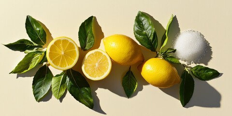 Obraz premium Fresh Lemons and Sugar on Yellow Background with Green Leaves