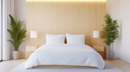 Minimalist bedroom with light wood accents.  Peaceful and serene bedroom design with a modern aesthetic, featuring a light wood panel wall, white bedding, and potted plants