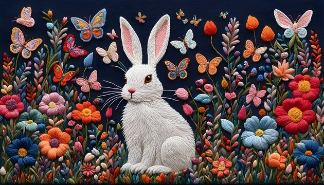 Embroidery Art Rabbit Flower Butterfly Handmade Hobby