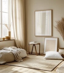 Minimalist Scandinavian Interior Design Scene with Soft Lighting and Neutral Palette