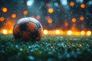 Soccer Ball on Grass Field Evening Atmosphere Vibrant Colors Blurry Background Cinematic Lighting
