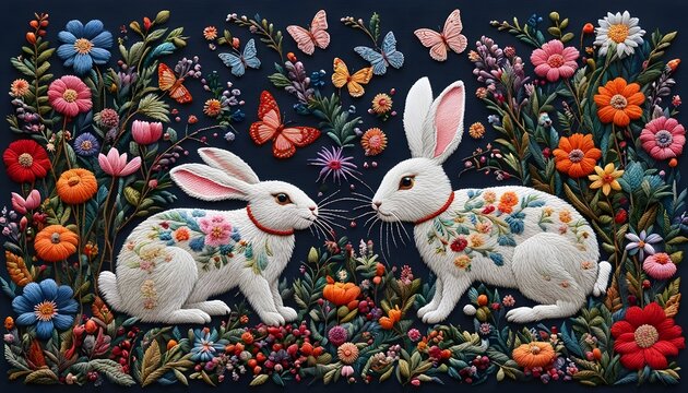 Embroidery Art Rabbit Flower Butterfly Handmade Hobby