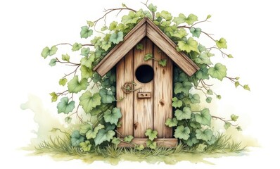 Charming wooden birdhouse surrounded by ivy