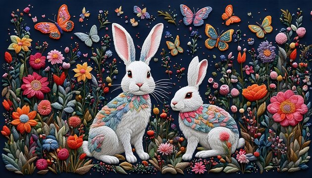 Embroidery Art Rabbit Flower Butterfly Handmade Hobby