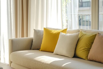 Neutral Sofa with Colorful Pillows and Natural Light, home decor, interior design