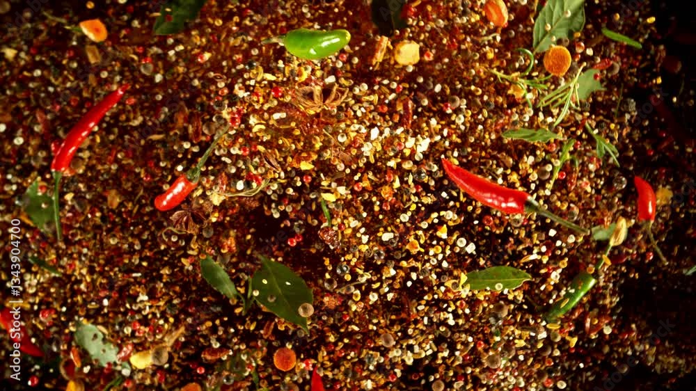 Poster super slow motion of rotating spices mix on black background. ultimate realistic twister motion, stu