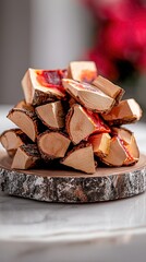   A wooden pile rests beside a white counter and vibrant red vase