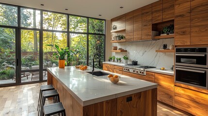 Modern kitchen with wooden cabinetry, bright sunlight, and lush greenery outside