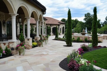 Obraz premium Italian Garden with Stone Columns and Fountains