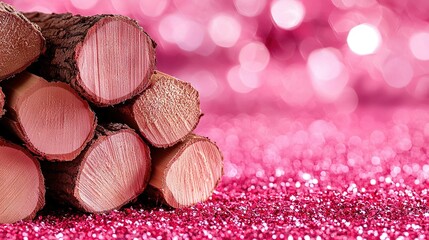   A heap of wooden logs resting atop a glittery pink floor with pink fairy lights in the background