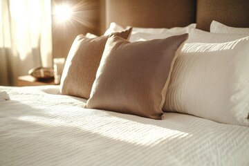 Cozy Bedroom Pillows on Crisp White Bedding in Sunlight, Home Decor, Bedroom Interior