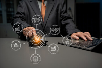 Digital transformation technology strategy, Person using laptop, tablet and smartphone with of...